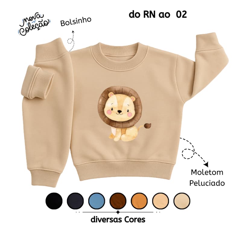 Conjunto de Moletom Infantil Flanelado de Frio Unissex  Roupa de Inverno para Bebê Leão Rn ao 02