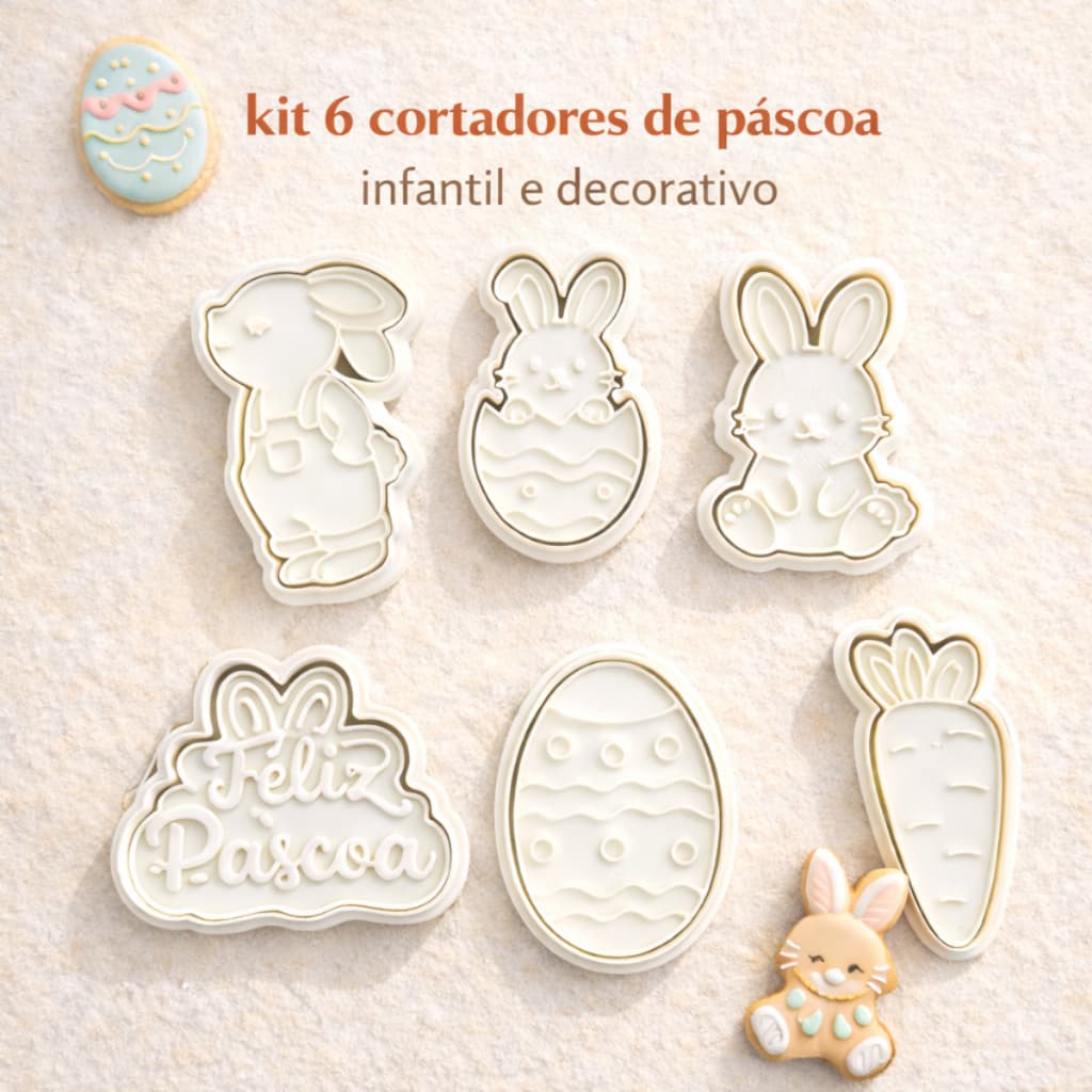 Kit 6 Cortadores de Biscoito Páscoa Infantil 6cm Cortador Pasta Americana Massinha Com Marcador