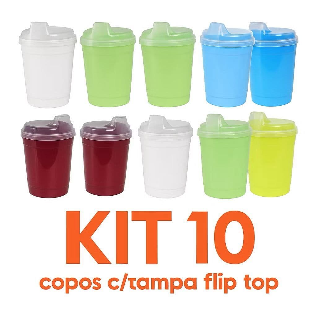 Kit 10 Copos Infantil Plastico 220ml com Tampa e Bico escolar Agua Suco Lancheira Criança Sortido