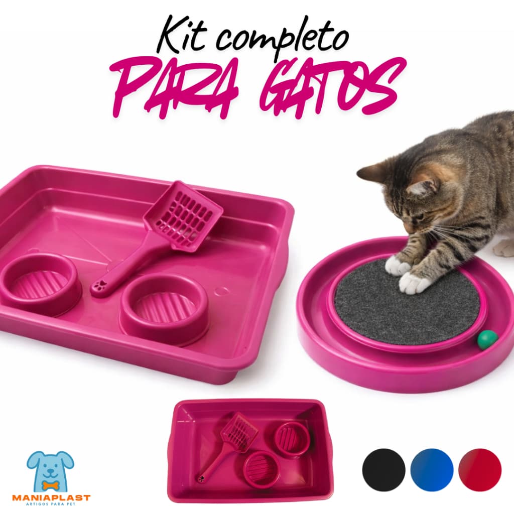 Kit Caixa de Areia para Gatos Bandeja e Peneira e Comedouros + Arranhador Redondo Interativo com Bolinha