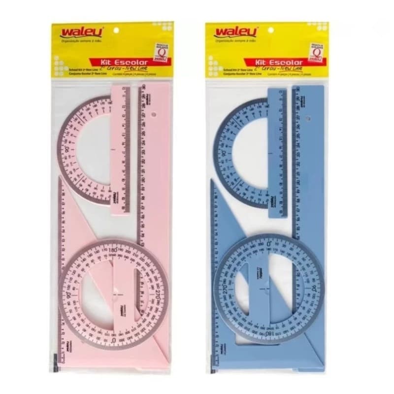 Kit 2° Grau Régua 30cm + Esquadro 60º + Transferidor 180º e 360º New Line Tons Pastel Waleu Escola e Faculdade