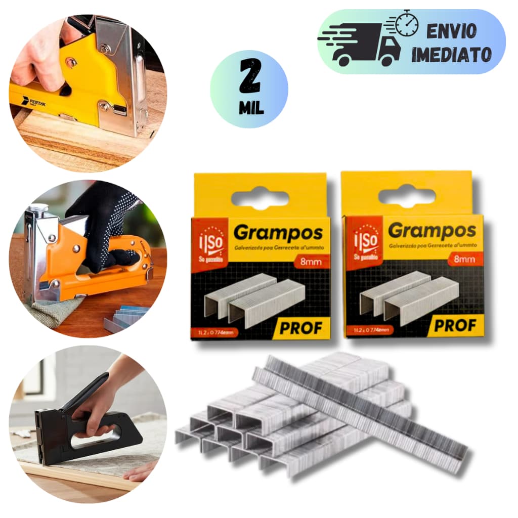 CONJUNTO 2 MIL KIT GRAMPOS 8MM PARA GRAMPEADOR TAPECEIRO PROFISSIONAL PARA TAPEÇARIA E CASA