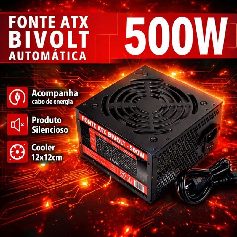 Fonte ATX 500W Reforçada Silenciosa Bivolt automática c/ Cooler 120mm + Cabo P/ PC Gamer Desktop