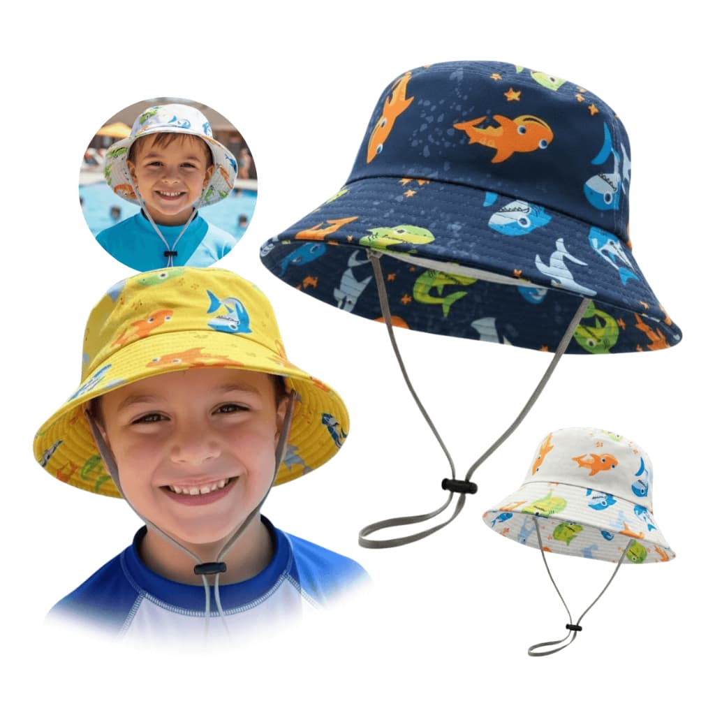 Chapéu de praia Infantil UV Tubarão Bucket Infantil Menino Chapéu de praia masculino com Cordinha