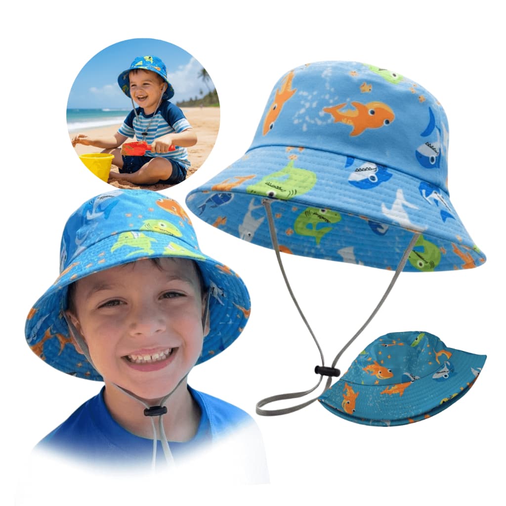 Chapéu de praia Infantil UV Tubarão Azul Infantil Menino Chapéu de praia masculino com Cordinha