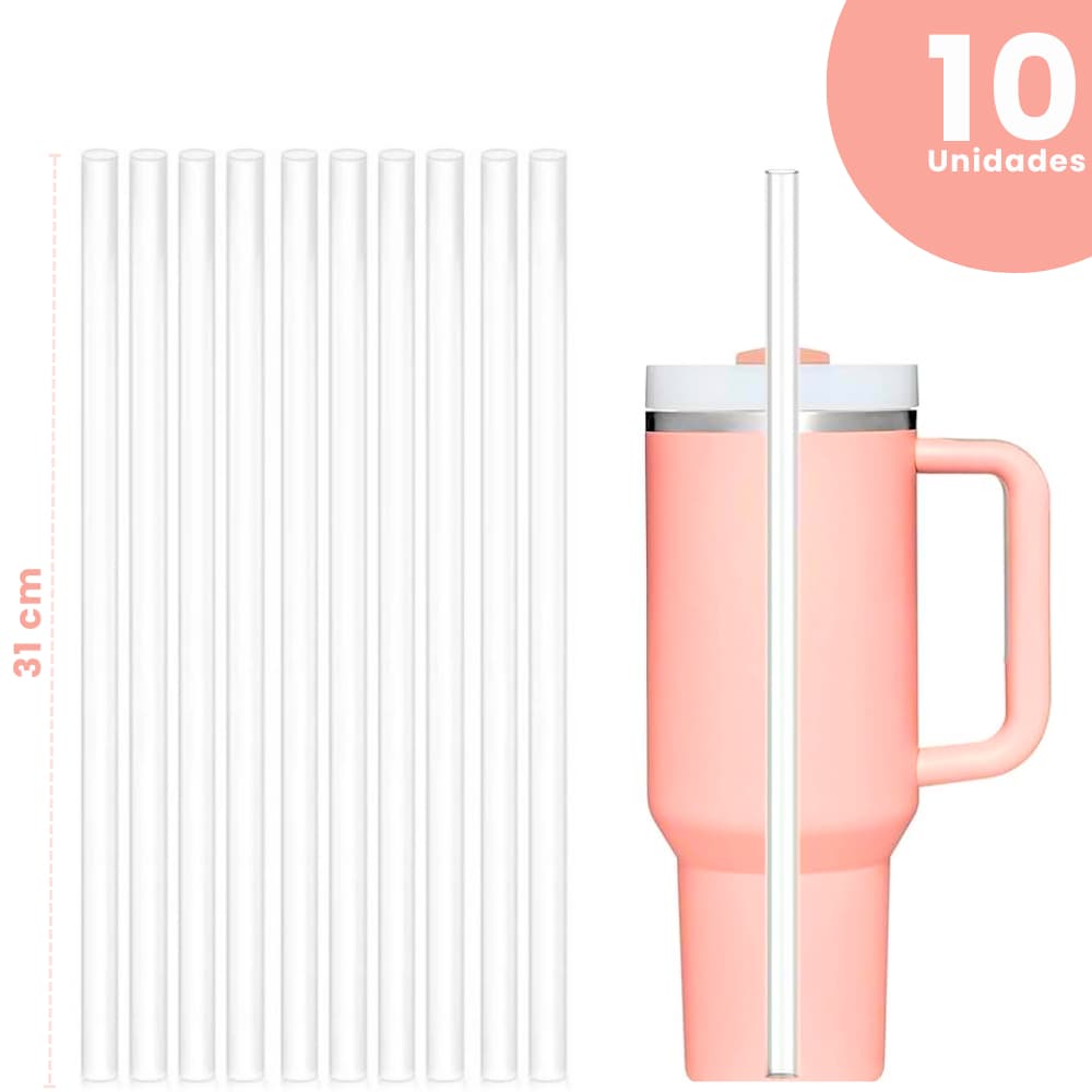 Kit 10 Canudos Reposição 31cm para Copo e Garrafa Quencher 1200ml (40Oz) e 900ml (30Oz)