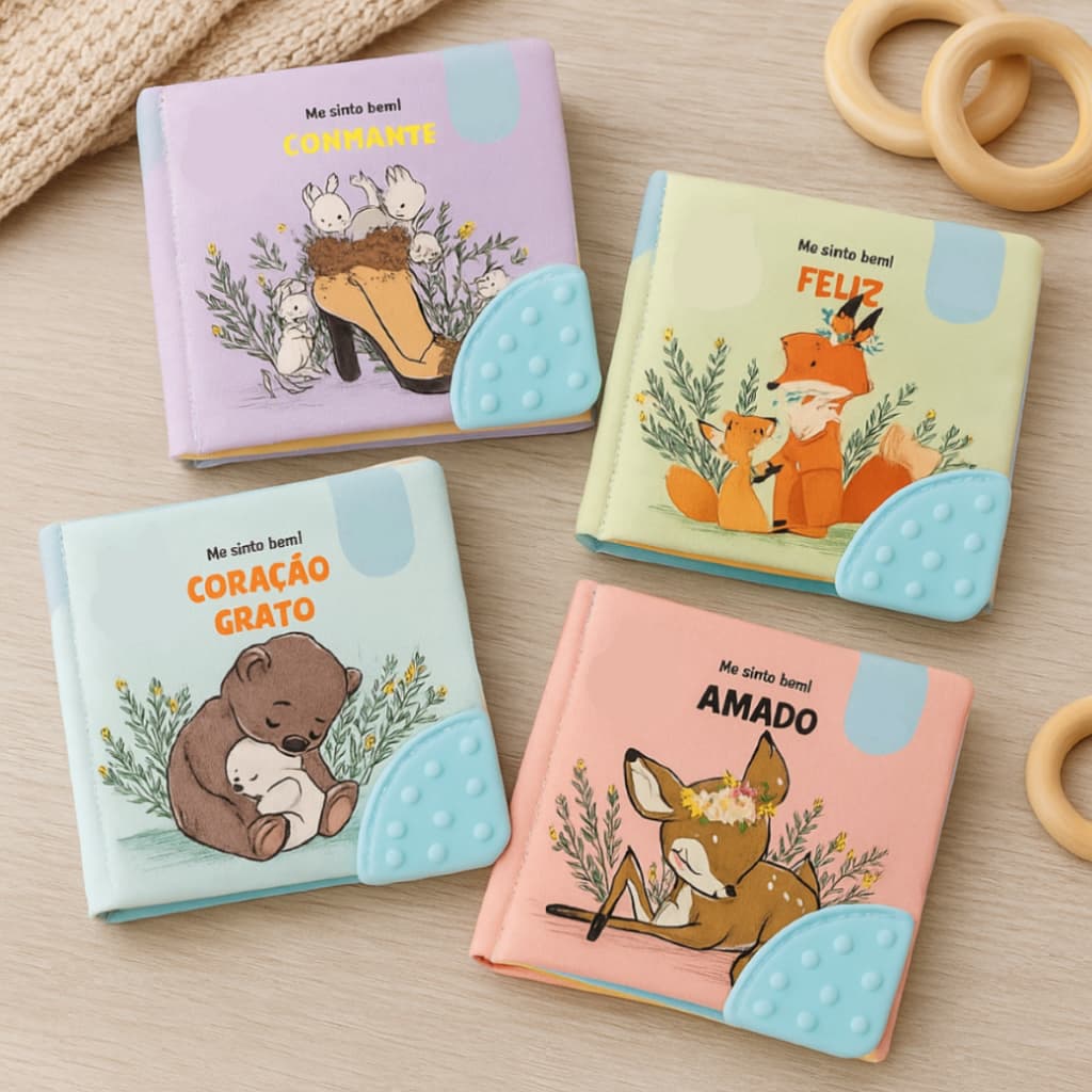 Kit 4 Livro Infantil de Pano Macio Com Mordedor Silicone para Bebês Todo Livro !