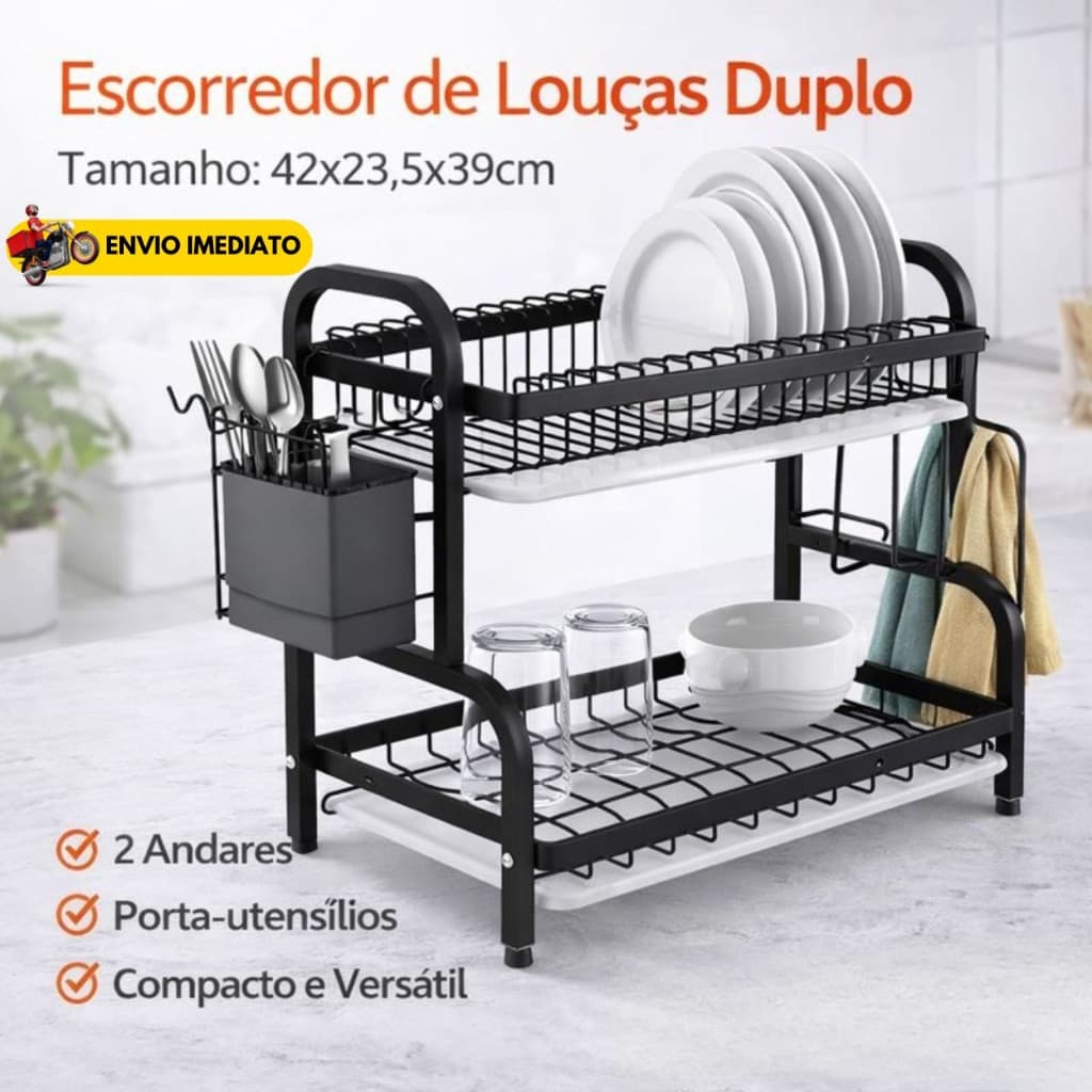 Escorredor de Louça 2 Andares Aço Carbono Preto com Porta Talheres e Bandeja Coletora para Pia