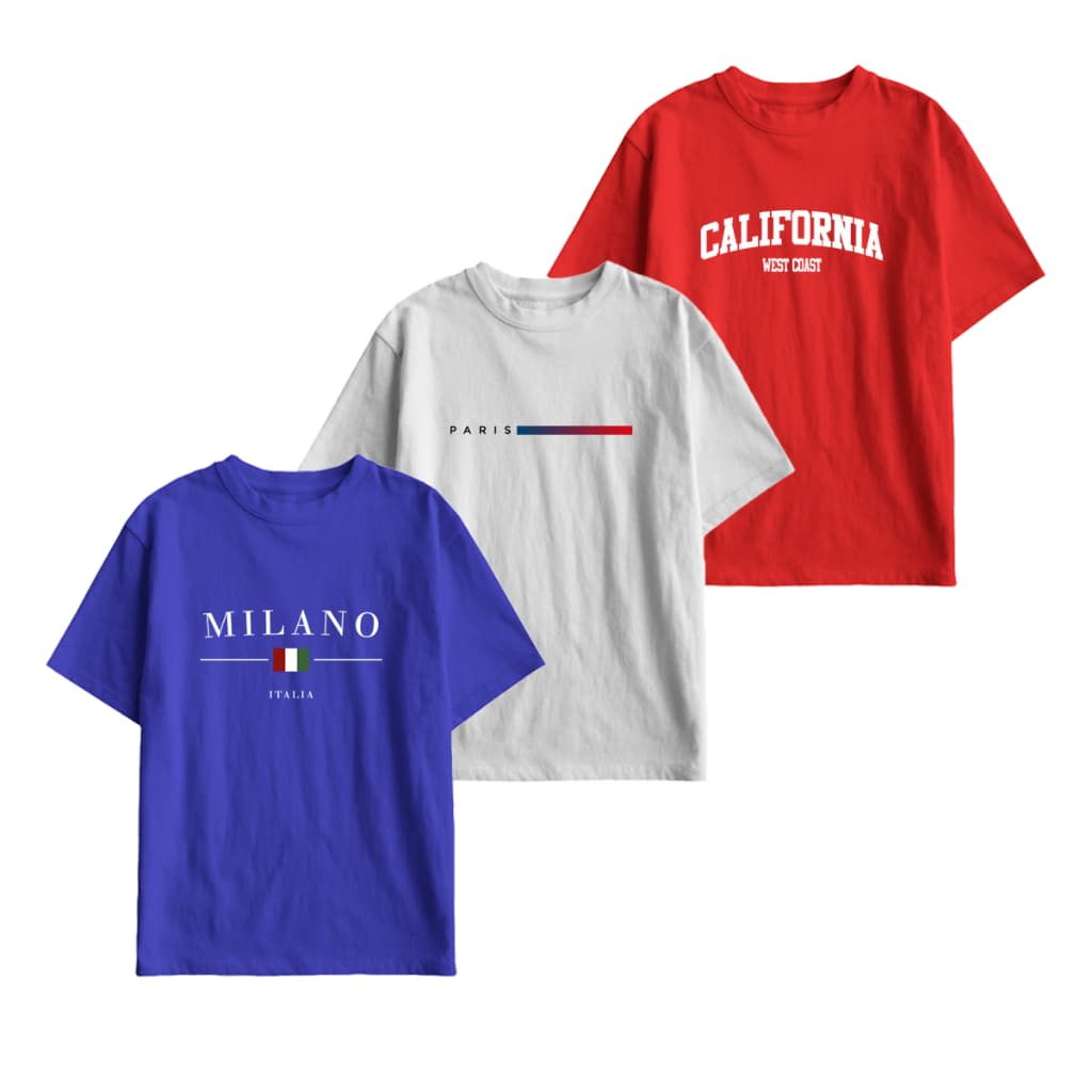 Kit 3 Camisetas Infantil Algodão Milano Paris California Masculina Verão Casual