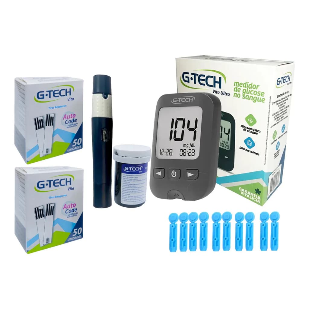 Kit Medidor de Glicose + 110 Tiras de Glicemia G Tech Vita Ultra +10 Lancetas + Caneta Glicosimetro