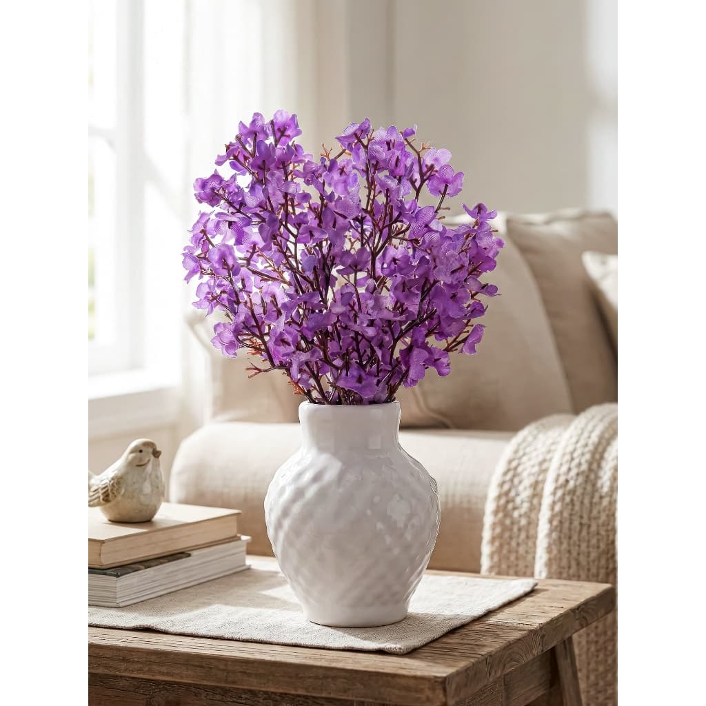 Arranjo de Flor Artificial com Buque de Mosquitinho Cerejeira Flor Sempre Viva e Vaso de Cerâmica Decorativo