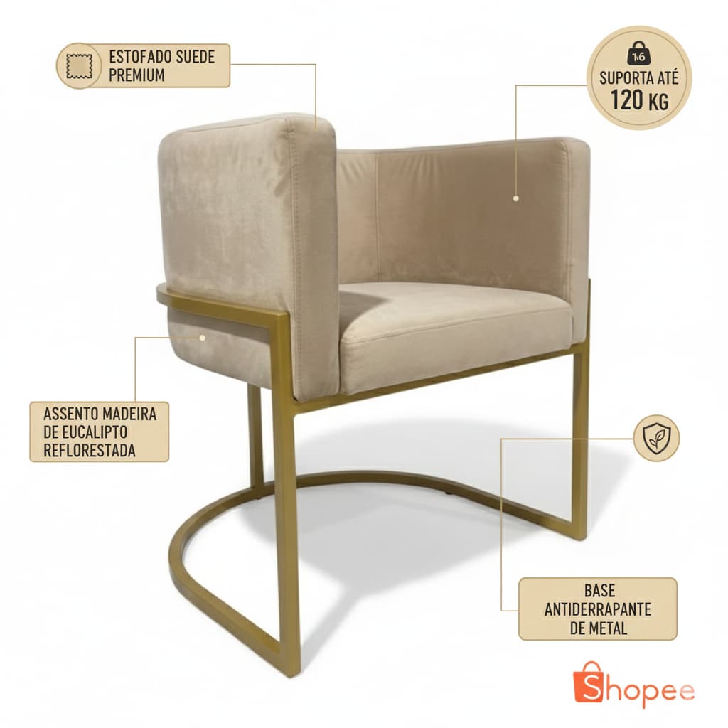 Poltrona Moderna Metálica Decorativa Suede Premium Suporta até 120 kg