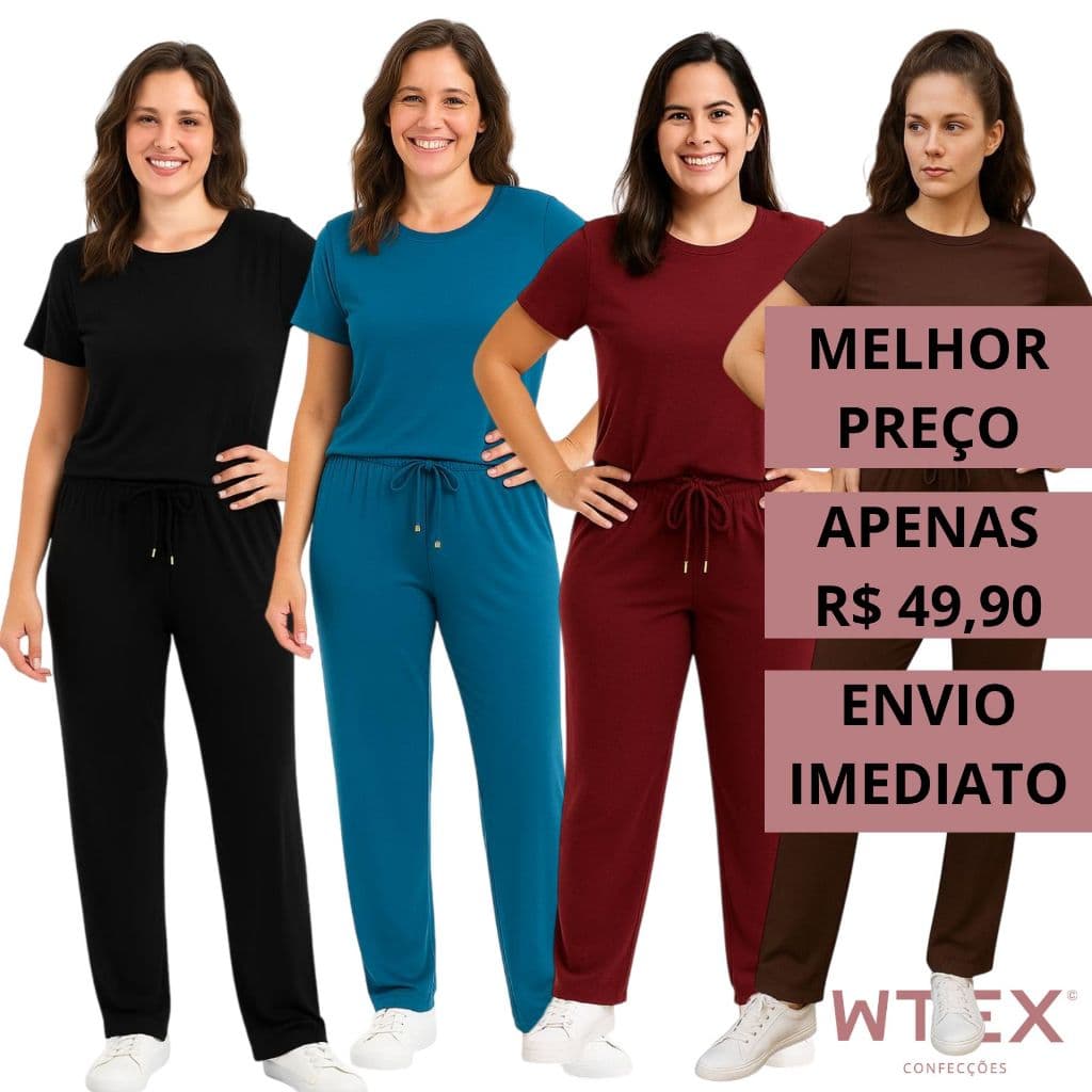 Conjunto Feminino VISCOLYCRA Malha Comfy Blusa Camiseta Manga Curta e Calça Pantalona Cintura Alta