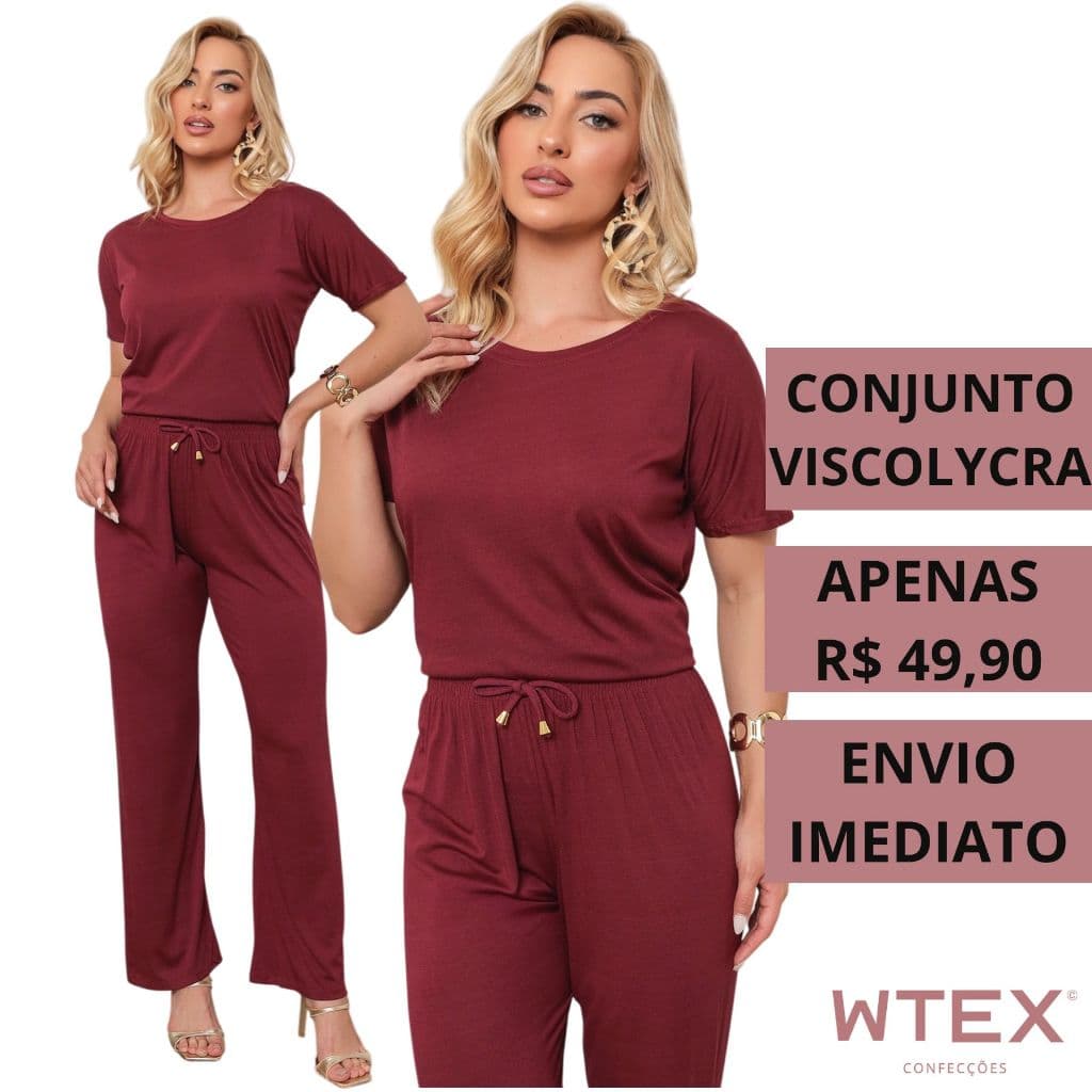 Conjunto Feminino VISCOLYCRA Malha Comfy Blusa Camiseta Manga Curta e Calça Pantalona Cintura Alta