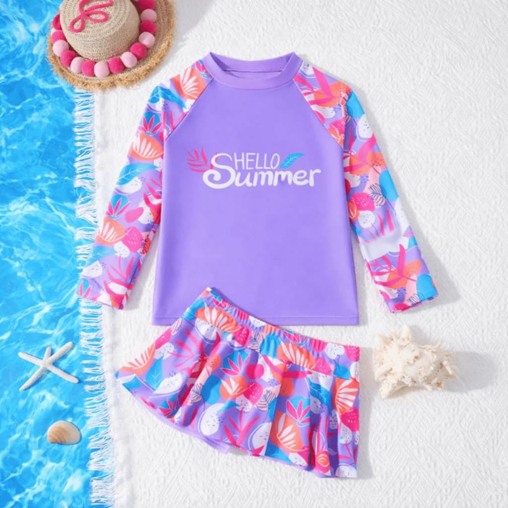 Conjunto Biquíni Infantil Roupa De Banho Feminino UV com Blusa E Short's Saia Estampada – Proteção Estilo Verão 2026