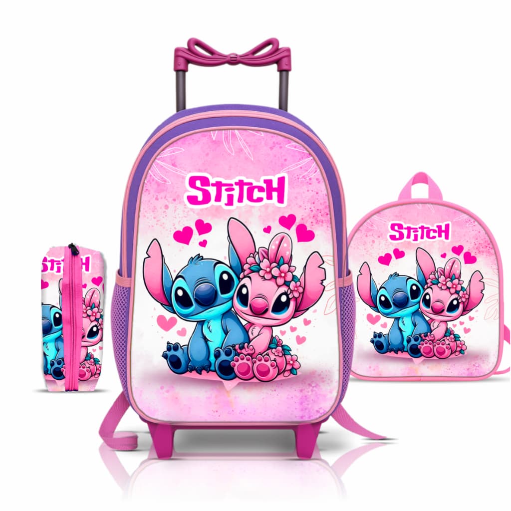 Kit Mochila escolar Stitch Angel com Lancheira e Estojo - Rodinha - Menina - Feminino - Rodinha