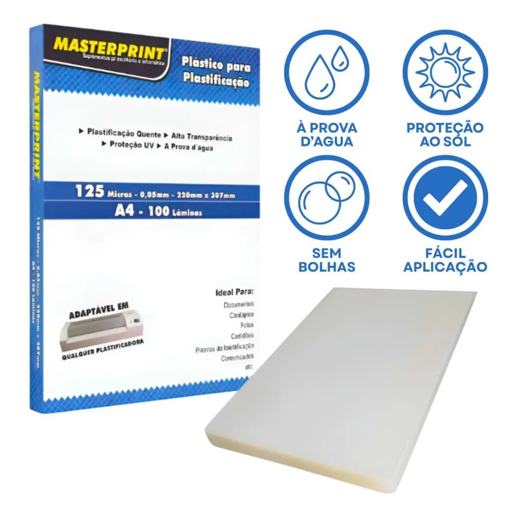 Plástico A4 220x307 0.05 Plastico Para Plastificacão 100 Folhas Com Brilho 125 Micras Masterprint