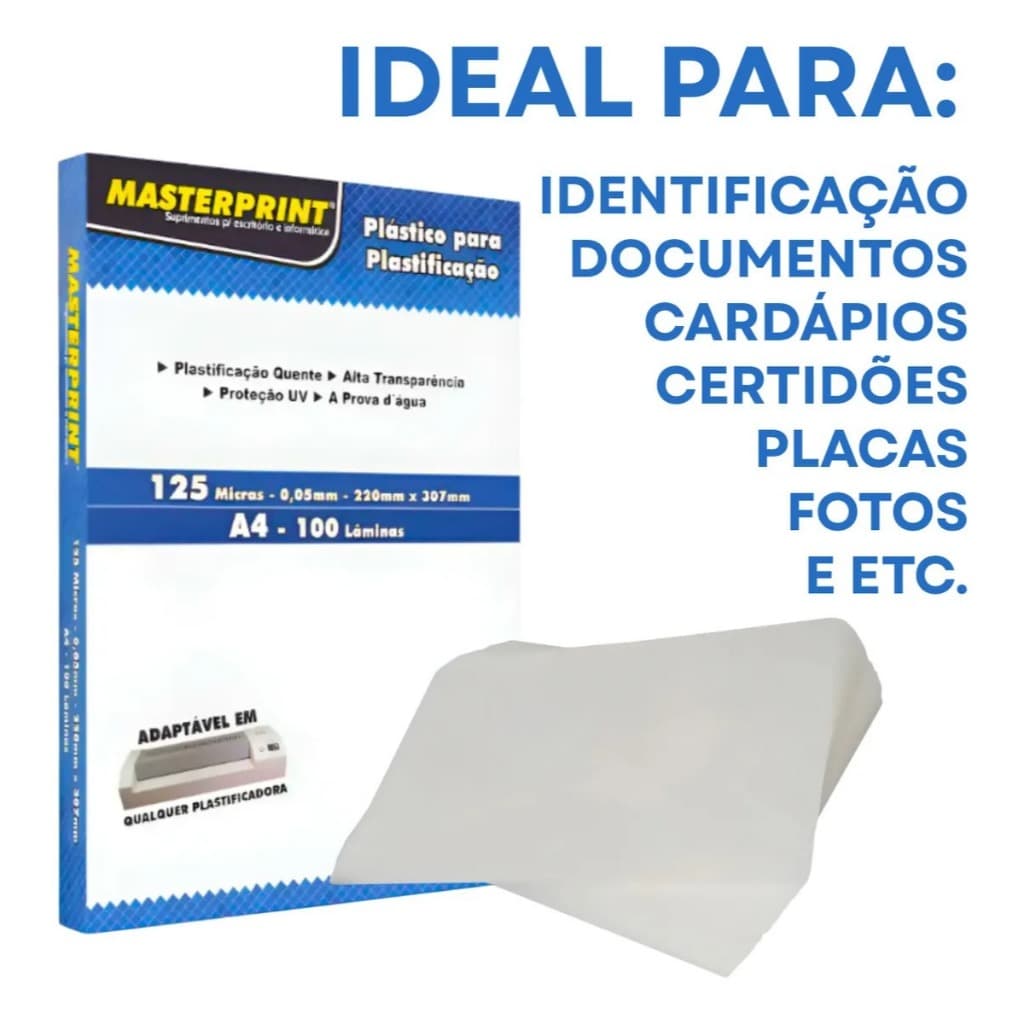 Plástico A4 220x307 0.05 Plastico Para Plastificacão 100 Folhas Com Brilho 125 Micras Masterprint