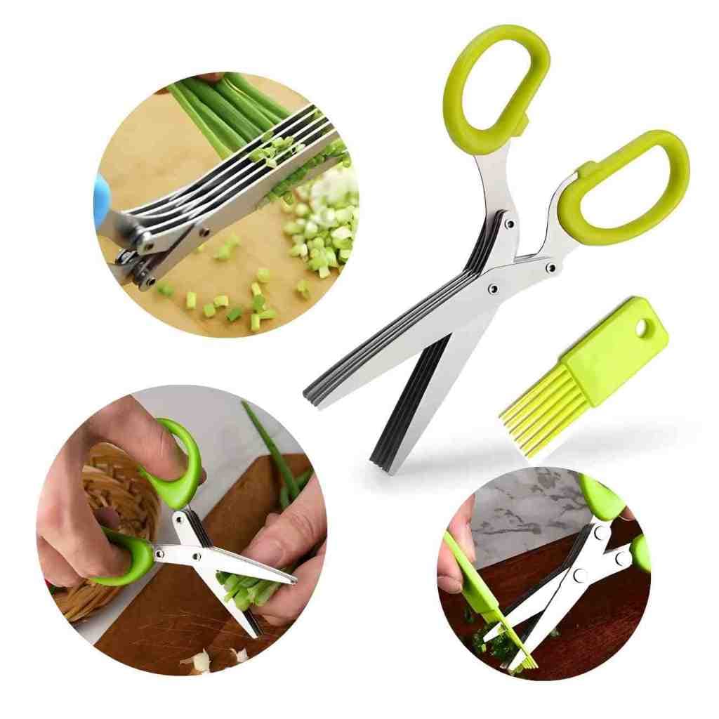 Tesoura de Picar Cortar Alimentos Legumes Temperos Ervas Para Cozinha 5 Lâminas Afiada Resistente Aço Inoxidável