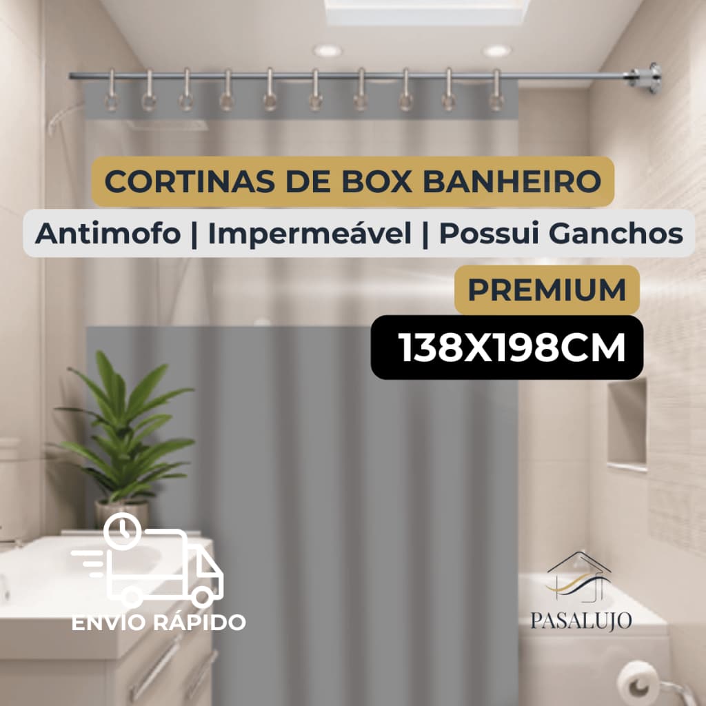 Cortina para Box de Banheiro Impermeável Antimofo PVC/VINIL Com Ganchos Inclusos COM VISOR Transparente Estampas Silk