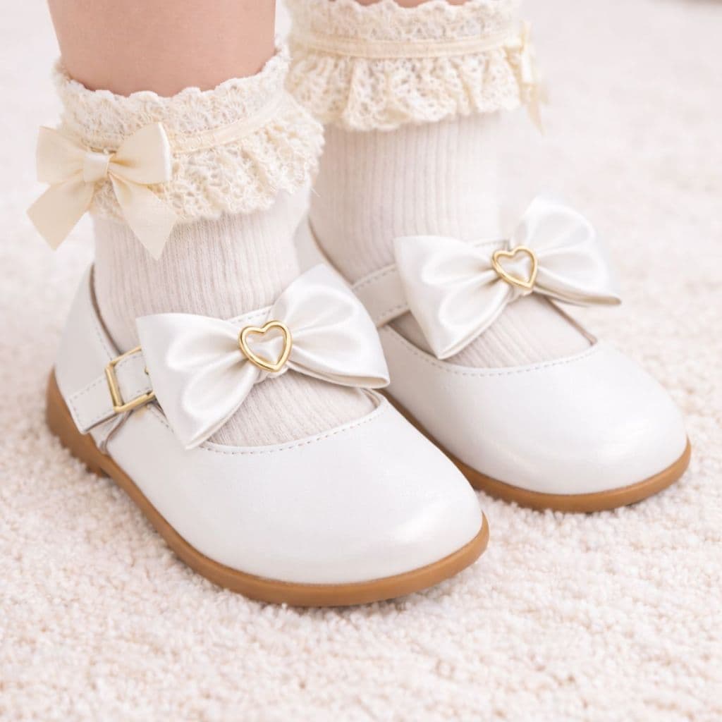 Sapatilha Infantil Menina Boneca Batizado Noivado Verniz Detalhe de Laço Coração Tira Ajuste Fivela