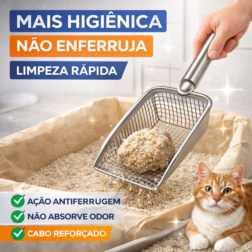 Pá Areia de Gato em Aço Inox Não Enferruja Mais Higiênica e Resistente Util Fezes