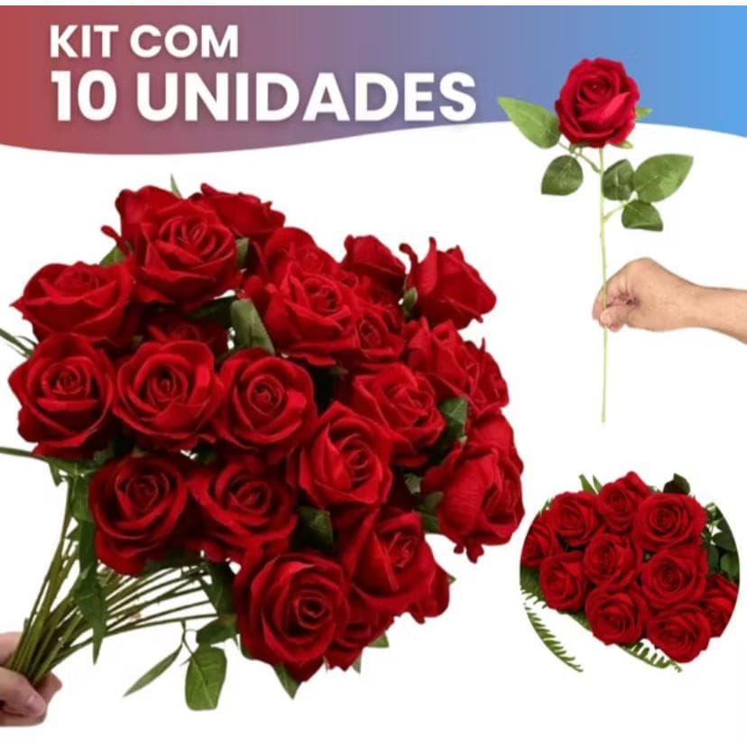 Kit 10 Rosas Colombiana Vermelha  Premium Artificial Aveludada Individual 50cm  Arranjo Flor