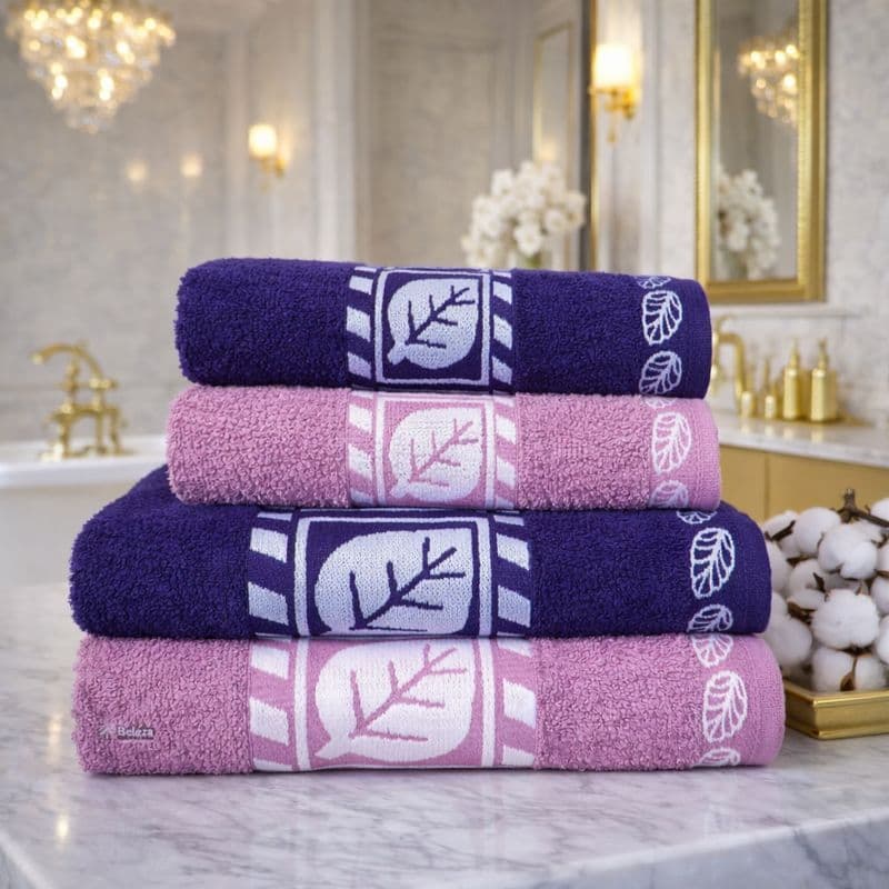 Jogo De Toalha 4 Peças Grande Banhão (2 Banho 2 Rosto) 100% Algodão Bordada Folha Luxo Premium