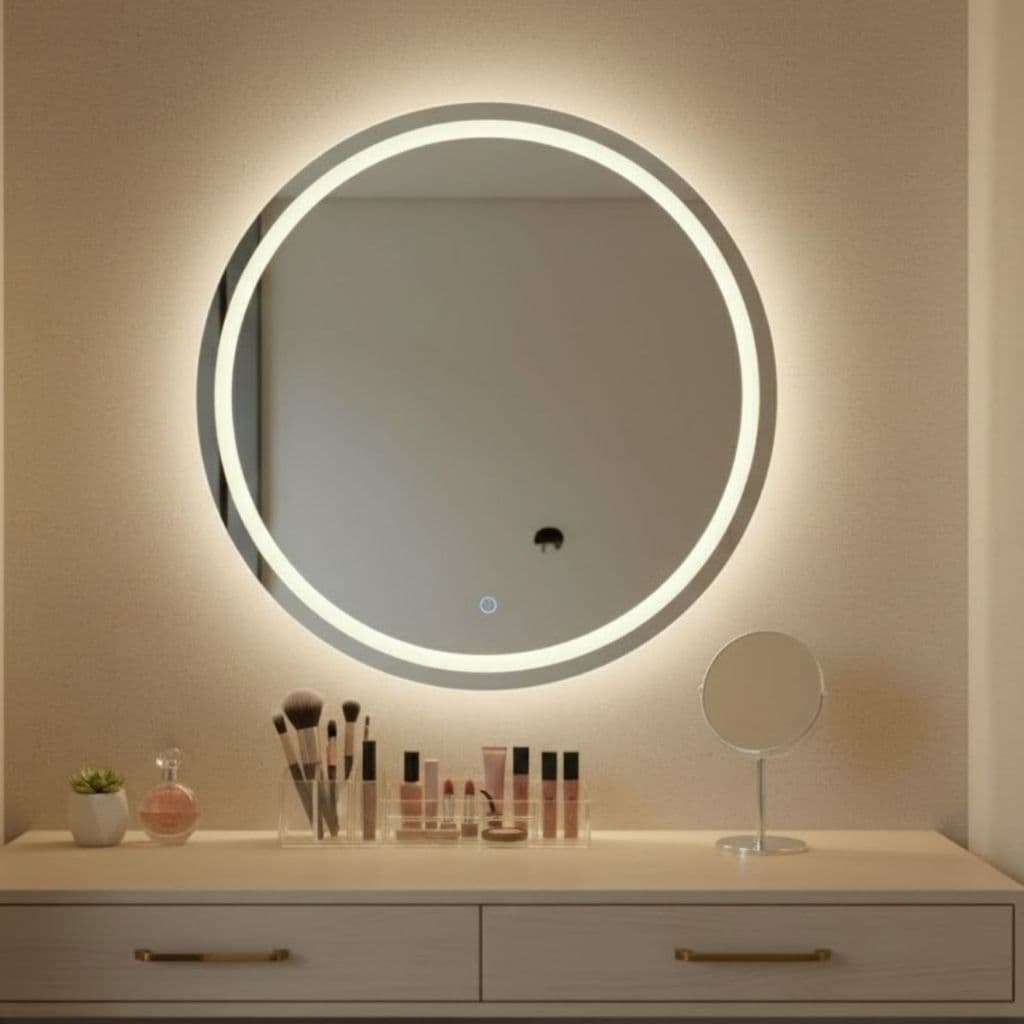 Espelho Redondo Jateado 50x50 Com Luz de LED 3 cores sensor Touch Screen Bivolt de Luxo Decorativo Banheiro Camarim