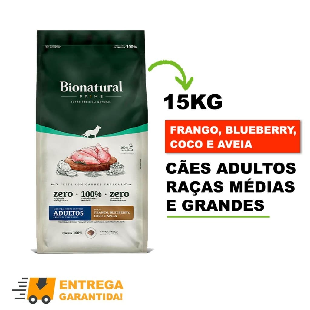 Ração Bionatural Prime para Cães Adultos de Raças Médias e Grandes Sabor Frango - 15kg