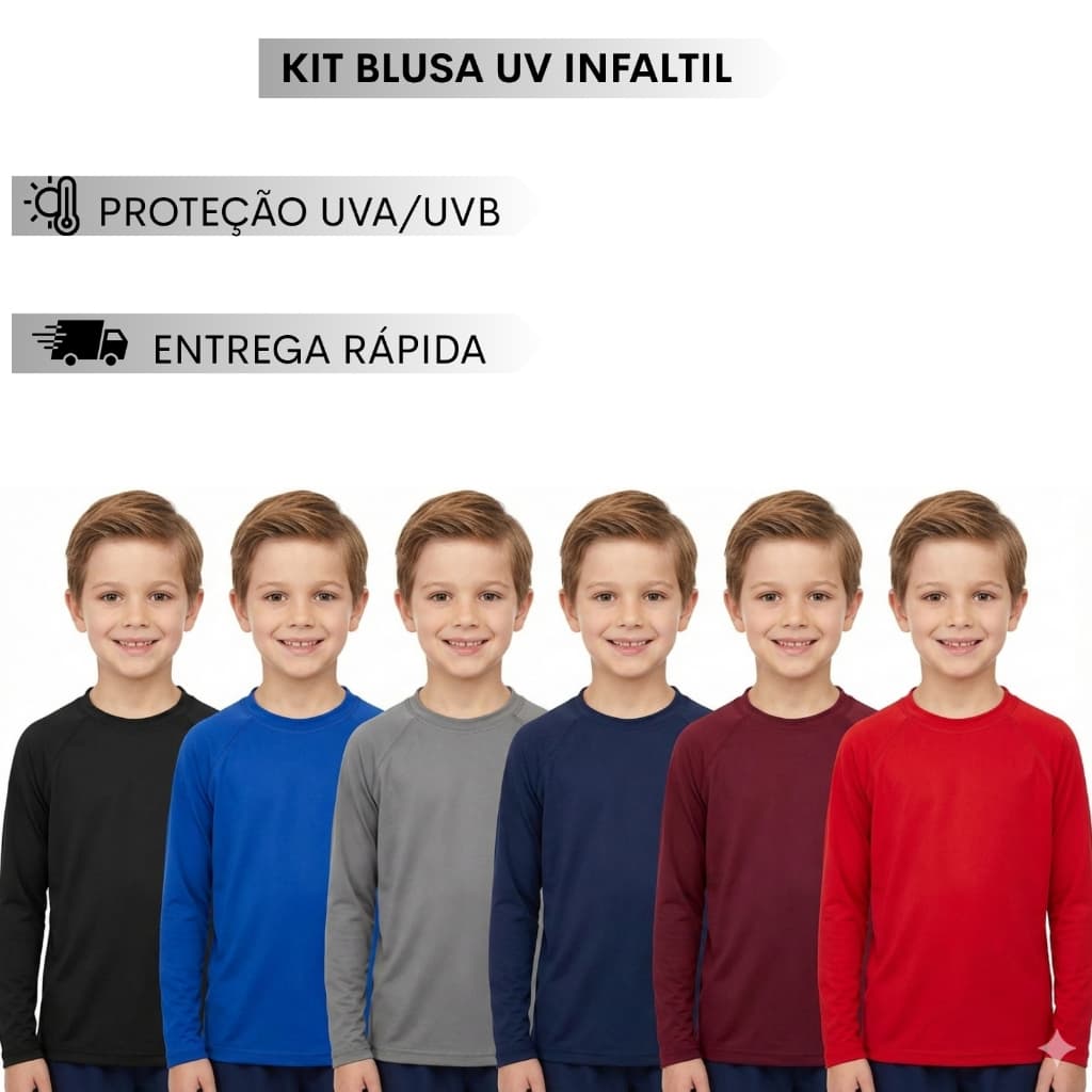 Kit 2 Camisas Termica Infantil Com Proteção Solar Uv Fps50+ Manga Longa Cores Sortidas 2 a 8 anos