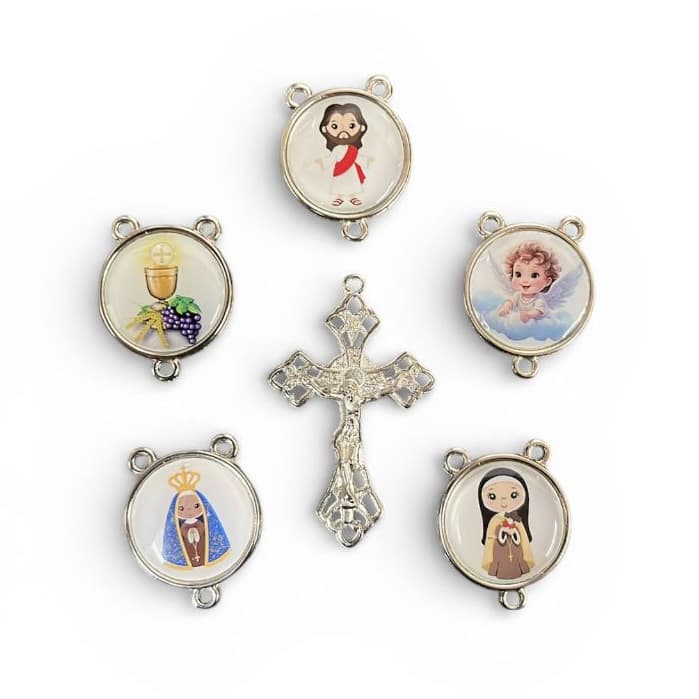 Crucifixo + Entremeio Redondo com imagens infantis - Entremeio resinado para Terços Infantil Niquel