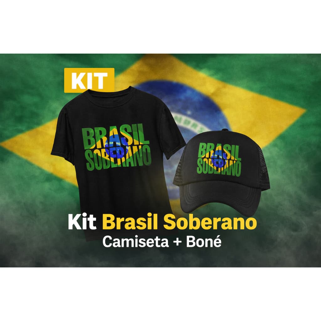 Kit Pátria Brasil Soberano Camiseta 100% Algodão + Boné Estilo Brasileiro Estampa Bandeira