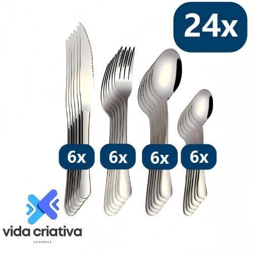 24 Peças Talheres De Aço Inox Faca Garfo Colher De Sobremesa Promoção