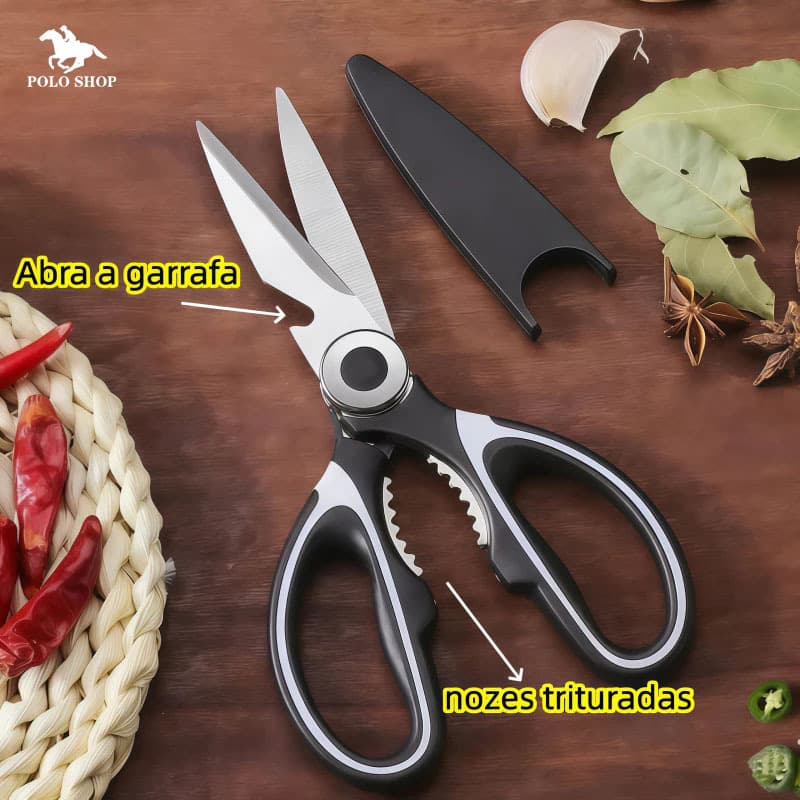 Tesoura de Cozinha Multiuso Aço Inox 20cm - Corta Carnes, Abre Castanhas e Garrafas, Não Enferruja