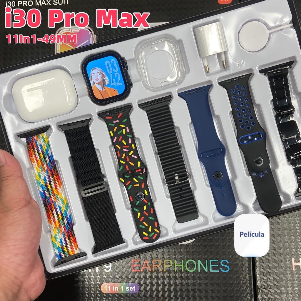 i30 Pro Max Smartwatch Kit com 7 Faixas Intercambiáveis/i13 ouvidos - Personalize seu Estilo