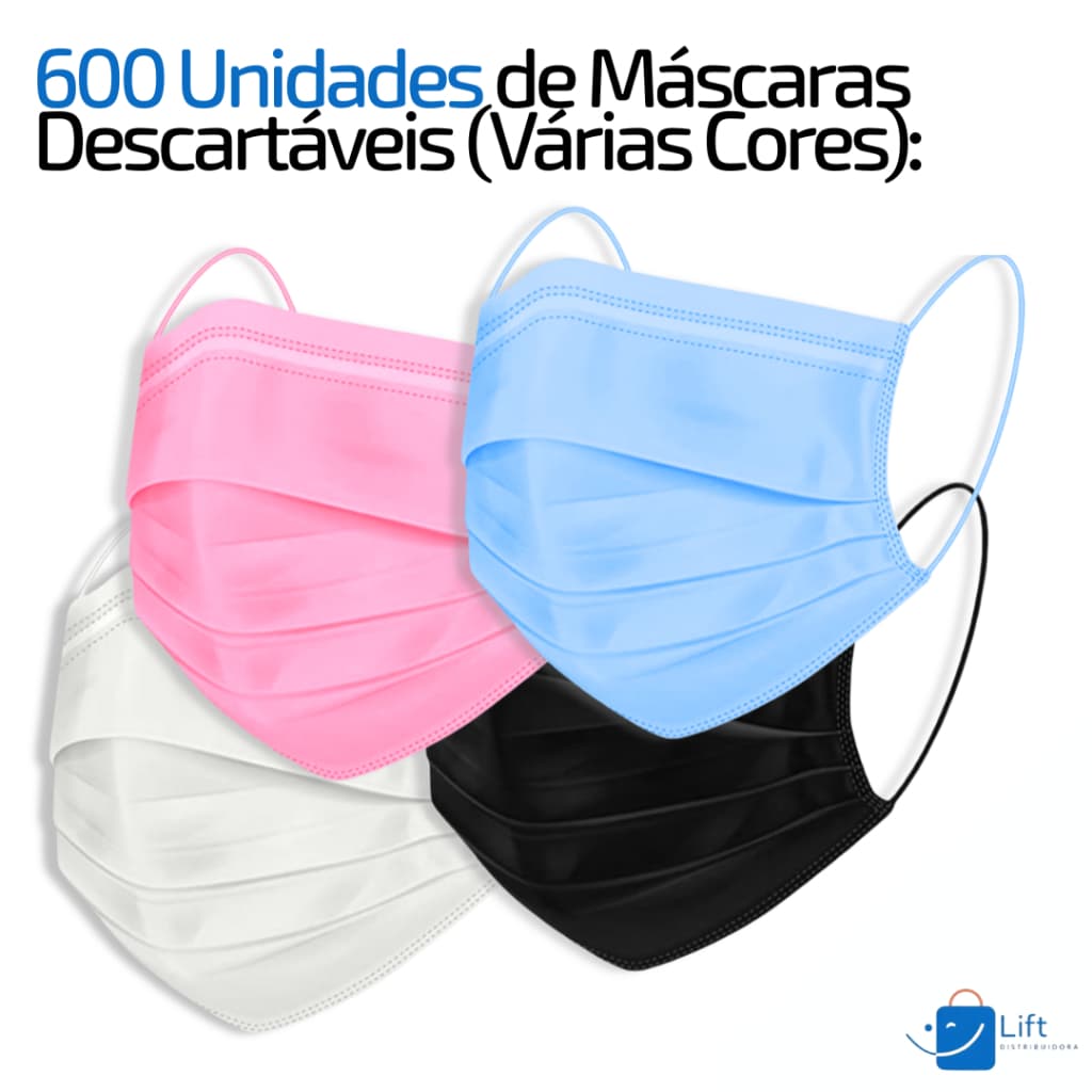 Kit 600 Uni. Máscara Descartável Tripla Camada TNT | Preto Azul Rosa ou Branco - Proteção Eficiente