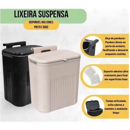 Lixeira Suspensa Balde de Lixo 9 Litros com Adesivo e Alça para Pendurar Rose e Preto Arqplast Toy 25956