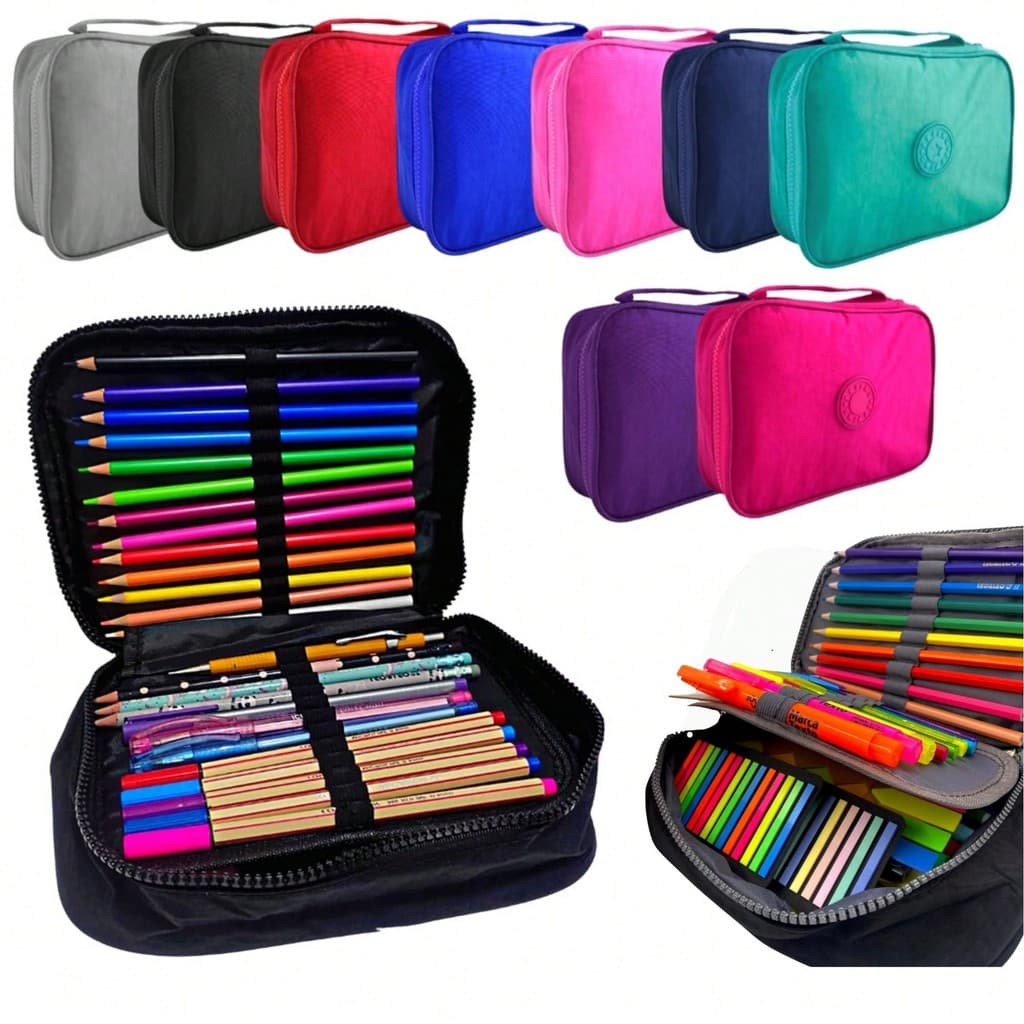 Estojo Box Escolar 100 Pens Grande 2 Divisórias Nylon C/ Alça Infantil Juvenil