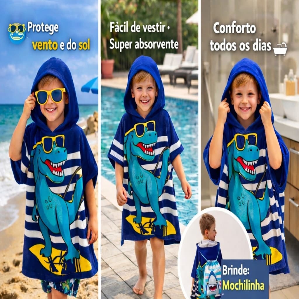 Toalha Infantil Com Capuz Menino Dinossauro Secagem Rapida Praia Piscina Natação Poncho Surf