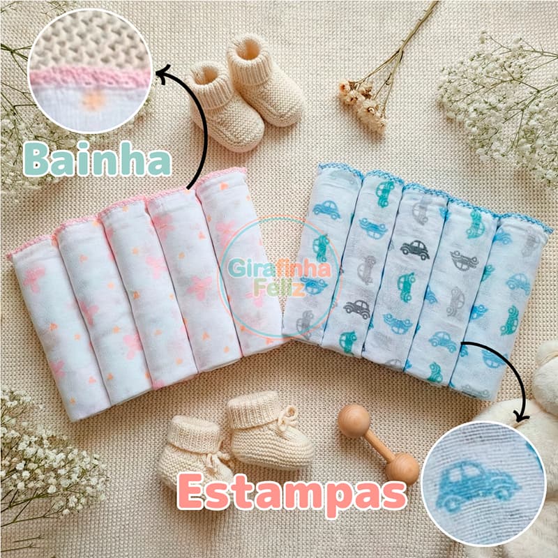 Kit 5 Fraldas de Pano Para Bebê Estampadas 70x70cm Tecido Duplo 100% Algodão Enxoval Menino Menina