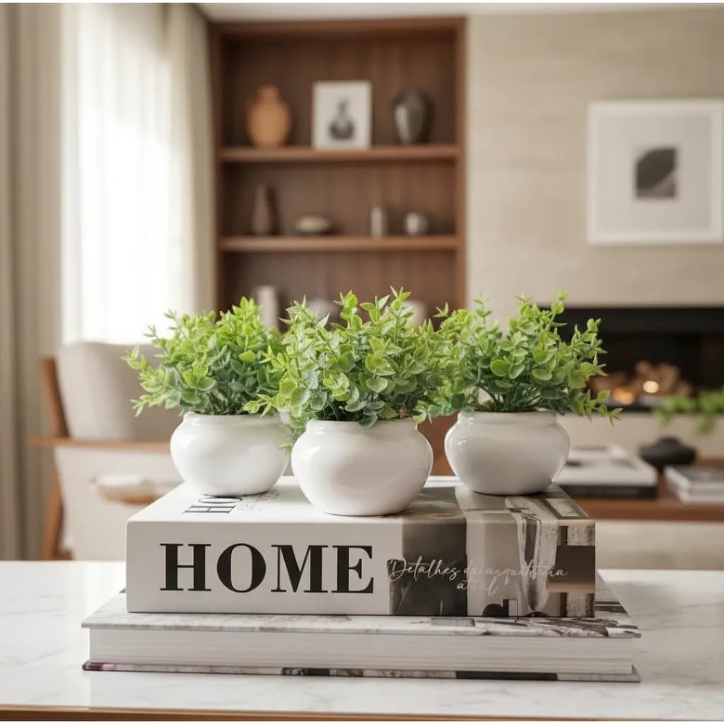 Kit 3 vasinhos de cerâmica preto ou branco com folhagem de eucalipto artificial