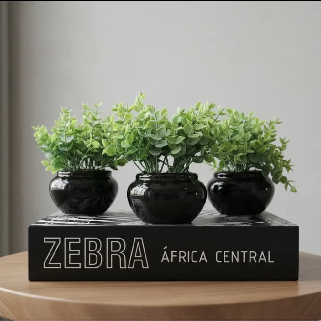 Kit 3 vasinhos de cerâmica com folhagem de eucalipto artificial branco ou preto