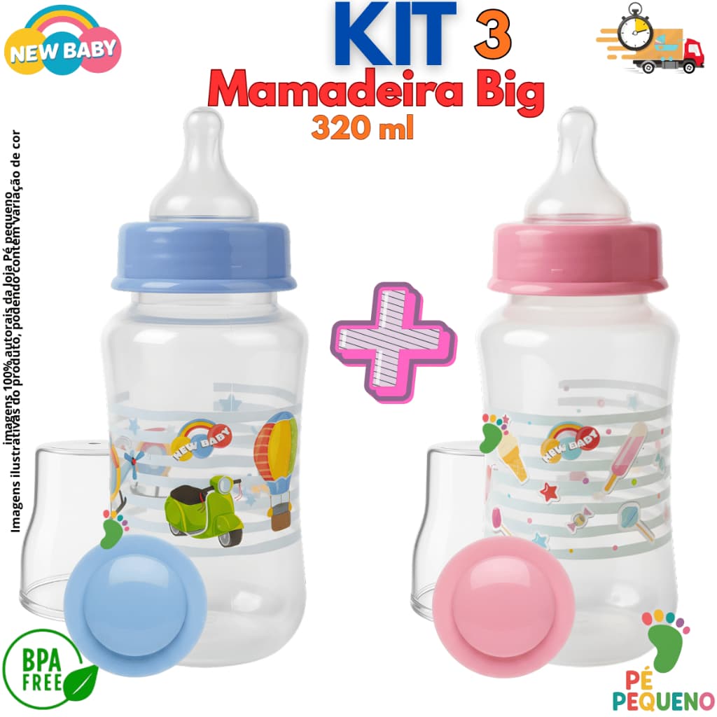 Mamadeira Big Luxo 320ml Bico de Silicone Macio BPA Free Prática e Resistente Infantil Menino Menina New Baby