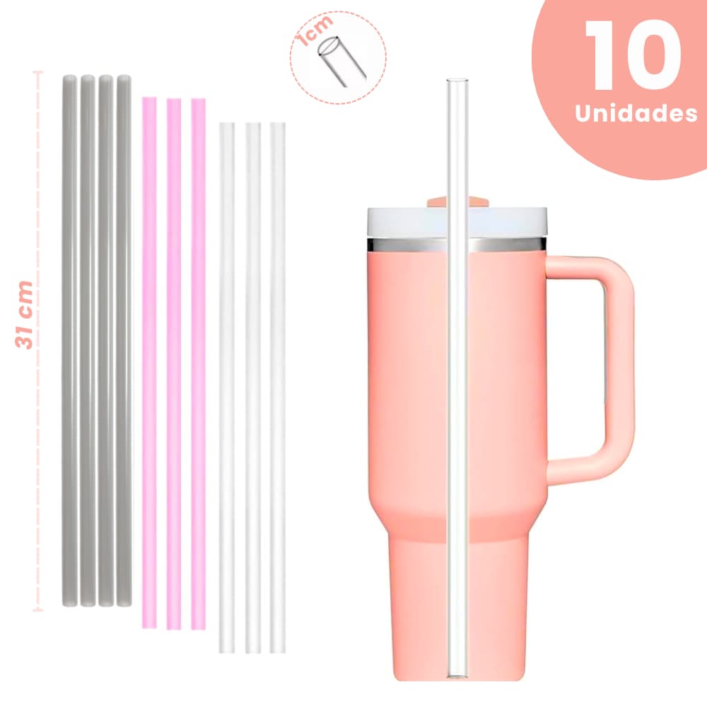 Canudos Substituição Reutilizáveis 31cm – Kit 10 Un Compativel Copo Térmico Quencher 40Oz