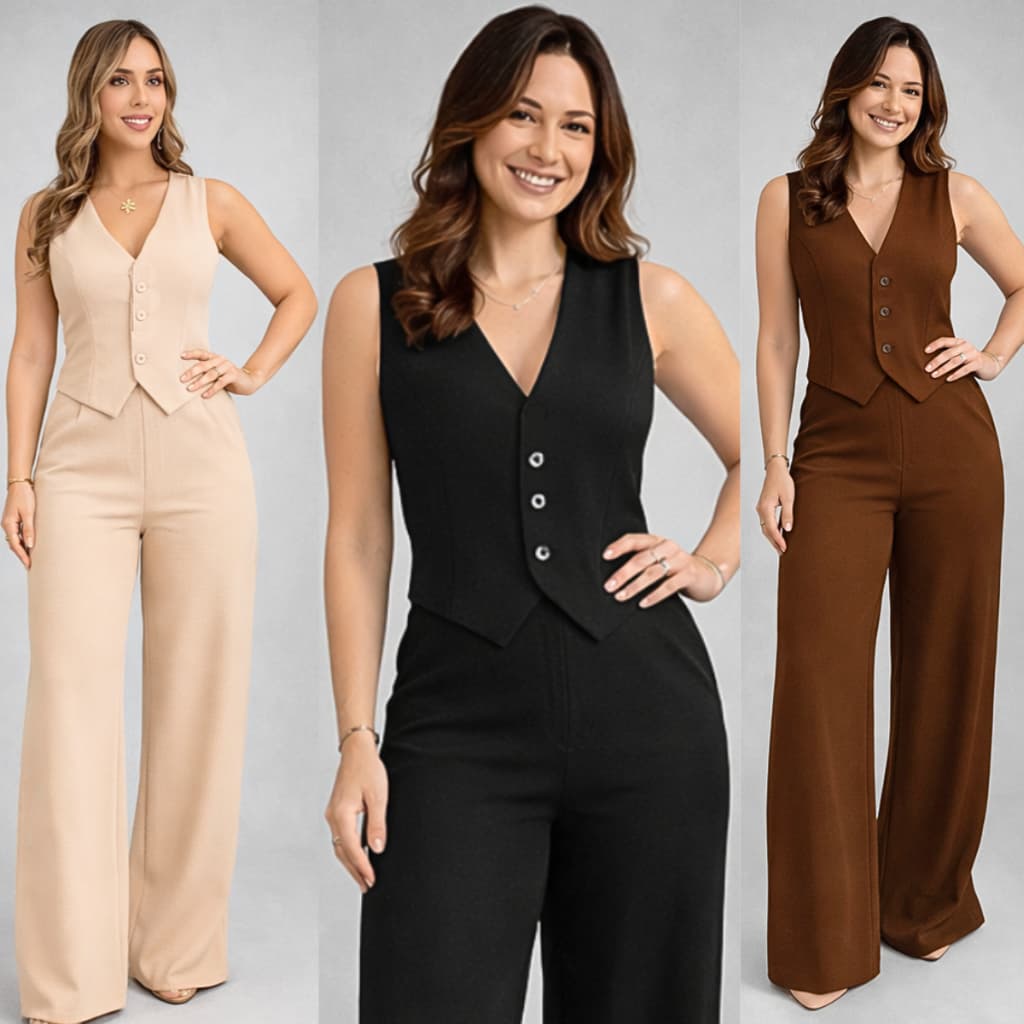 Conjunto Feminino Alfaiataria Blusa Colete Calça Pantalona Social Elegante com Botão Trabalho Festa Moda Evangélica