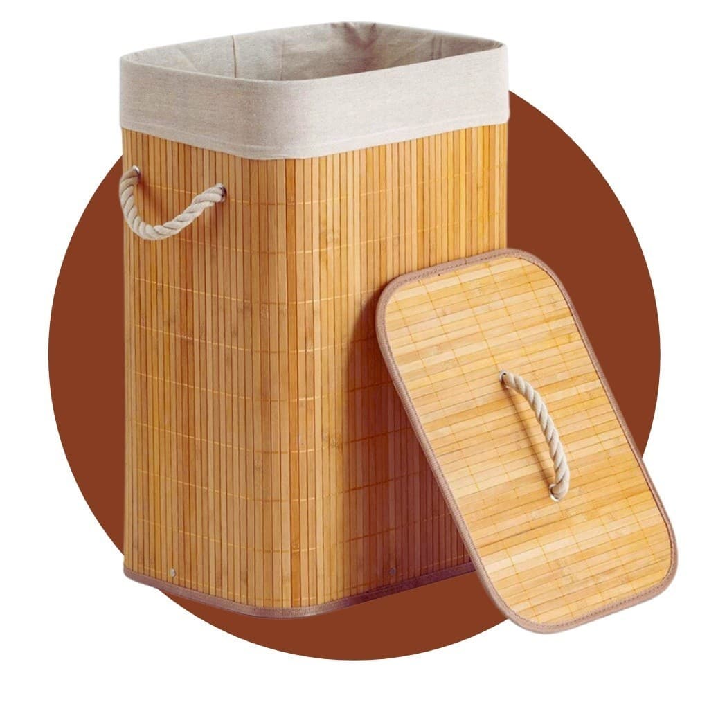 Cesto de Roupa Suja Lavanderia em Bambu tampa Retangular Forrado com Alça Brinquedo Quarto Banheiro