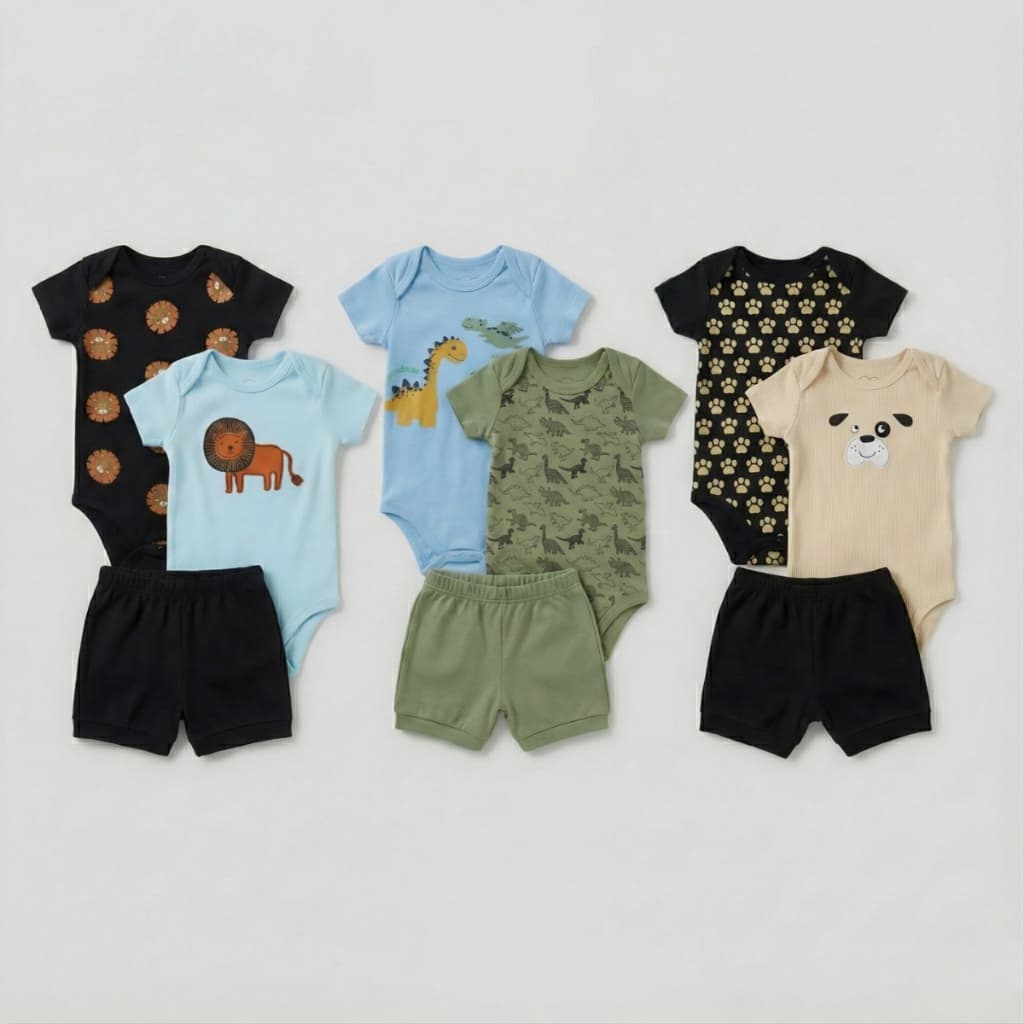 Kit 9 Peças Roupa Bebê Menino 6 Body E 3 Bermuda Algodão Verão Estampado Dinossauro Leão Enxoval