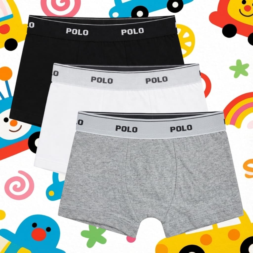 Kit 3 Cuecas Boxer Polo Cotton Infantil Kids 100% Algodão Forro Duplo Confortável
