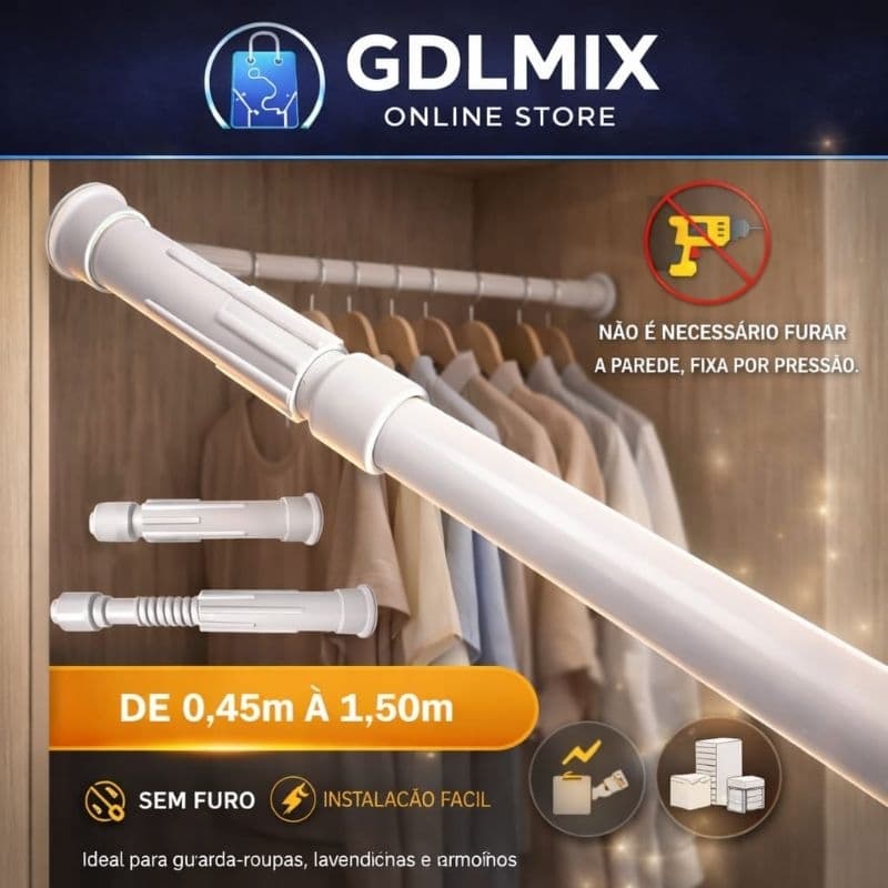 Varão Extensível Multiuso Branco para Cortina – Ajustável, Sem Furo, Banheiro e Armário